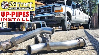 2001 F350 73  RiffRaff UpPipes Install  Stock up pipes leaking and falling apart JUNK SP [upl. by Yekcaj590]